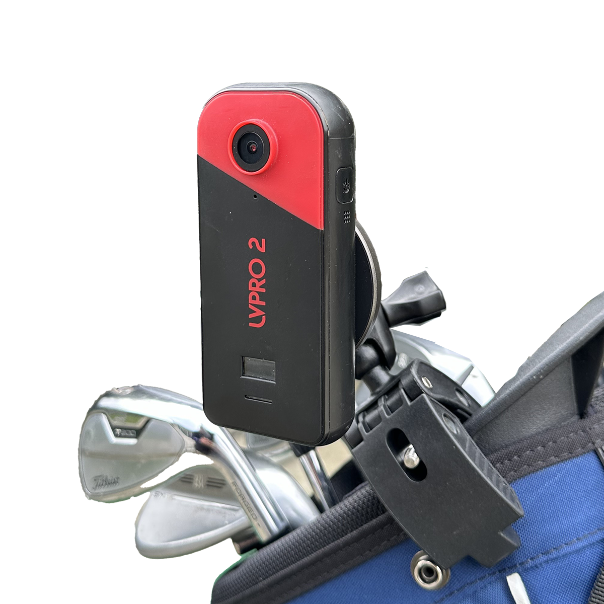 Clip-Pod magnetic clip mounted on a golf bag, ready for an iPhone or LVPro2 camera