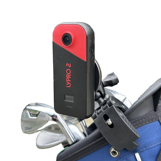 Clip-Pod magnetic clip mounted on a golf bag, ready for an iPhone or LVPro2 camera